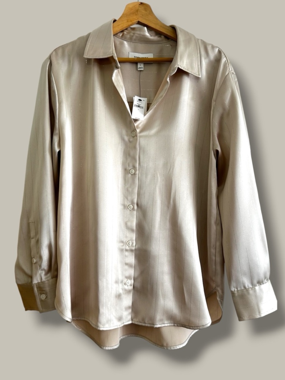 New Banana Republic Champagne Matte Satin Button Down Shirt GOLD PINSTRIPE